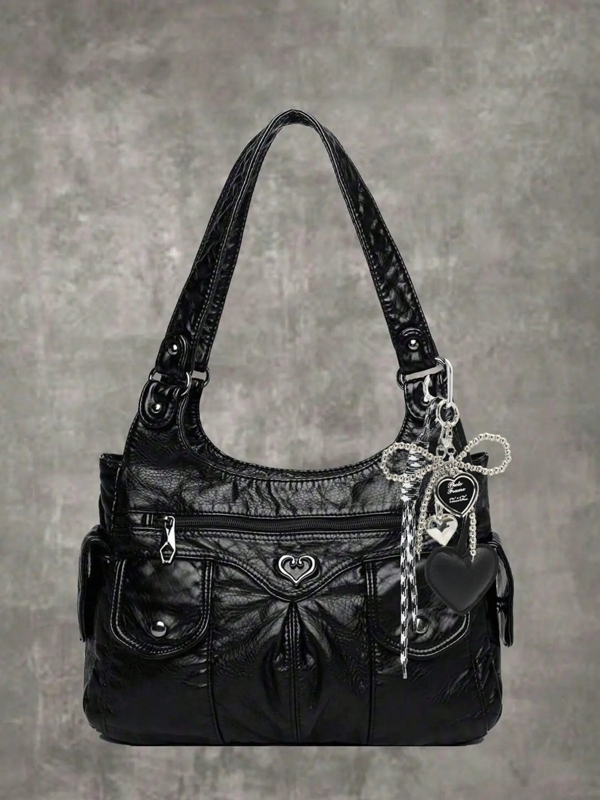 Women's Fashionable Heart-Decorated Plain Tote Bag, Casual Large-Capacity Shoulder Shopping Bag, Versatile Handbag Purse for Daily Use, Aesthetic Shoulder Handbag